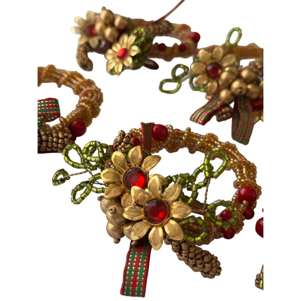 Pier 1 Exquisite Hand Beaded Gold Red Holiday Napkin Rings Set 6